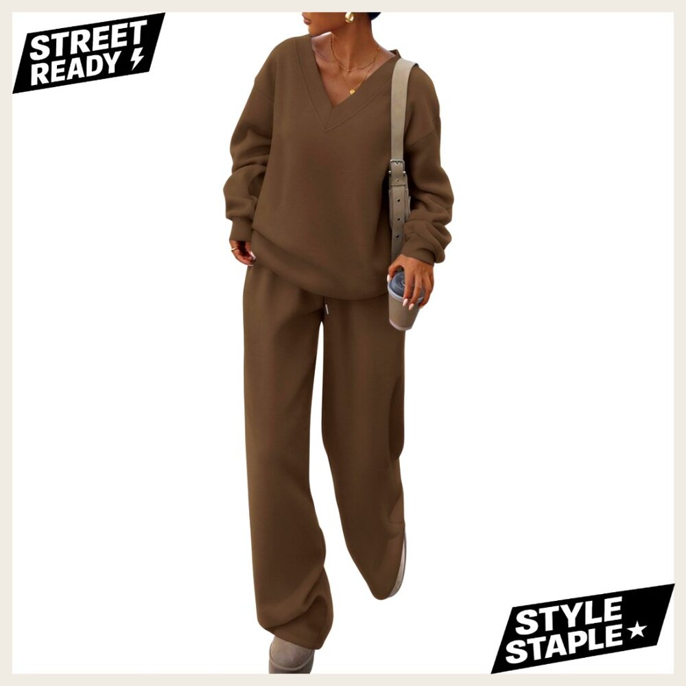 V-Neck Oversized Sweatshirt & Wide Leg Sweatpants Set, Cotton Polyester Knit